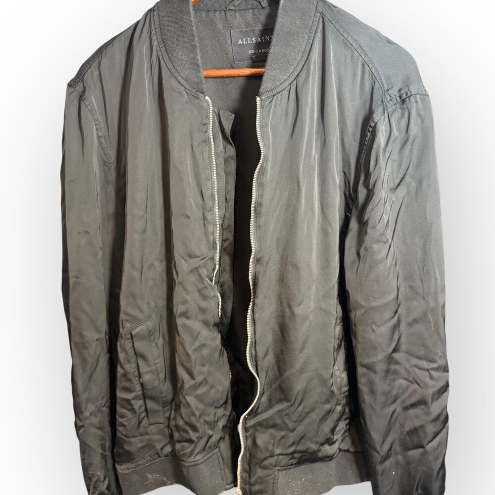 AllSaints Men's Black Bomber Jacket XXL — Nylon Zip Up, Fits Like L/XL